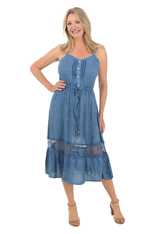 Lacy Denim Tie-Waist Sleeveless Dress