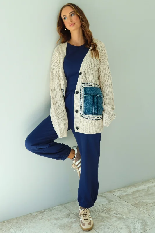 Denim Patch Oversized Cardigan: Ivory/Denim