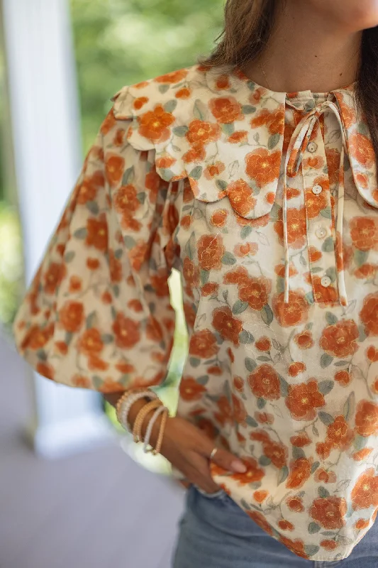 Floral Whimsy Persimmon Cream Top