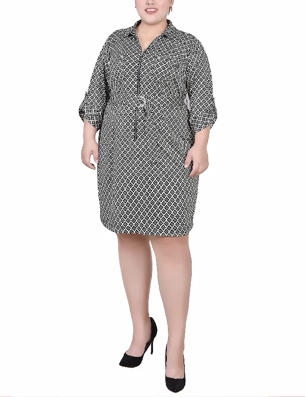 Plus Size Belted Roll Tab Zip Front Shirtdress