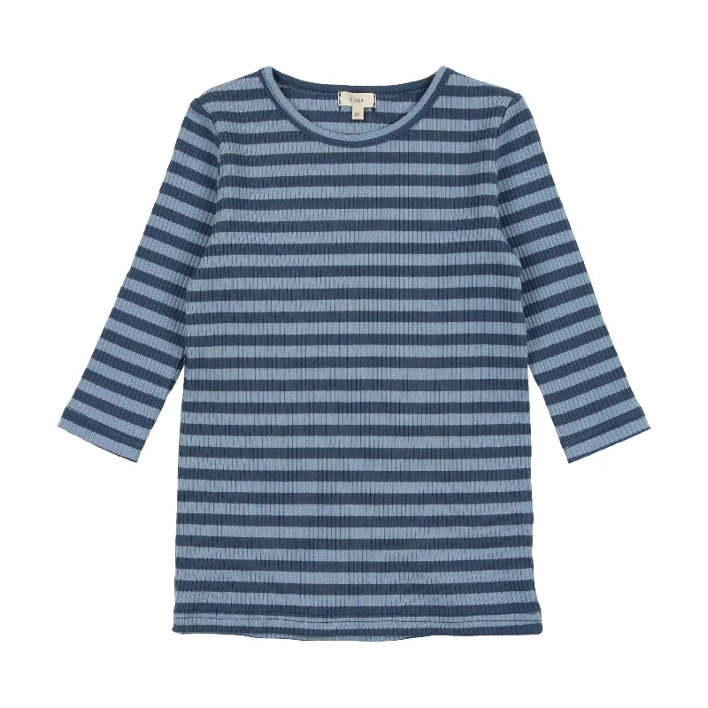 Lil Legs Big Girls T-Shirt Three Quarter Sleeve - Dark Blue/Light Blue Stripe