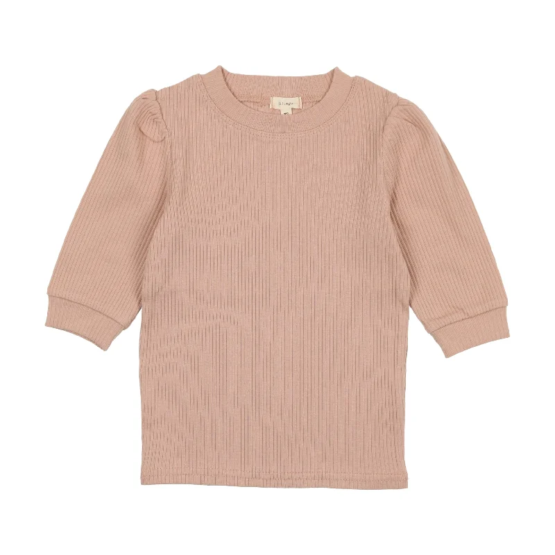 Lil Legs Ribbed Puff Sleeve T-Shirt Three Quarter Sleeve - Pink