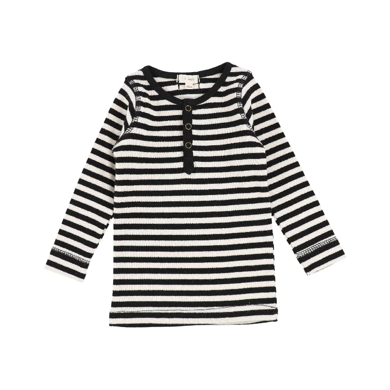 Lil Legs Snap Henley T-Shirt - Black/Stone Stripe