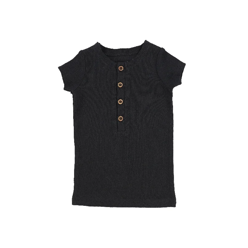 Lil Legs Short Sleeve Ribbed Center Button T-Shirt - Black