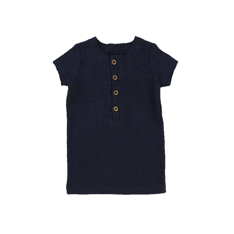 Lil Legs Short Sleeve Ribbed Center Button T-Shirt - Navy