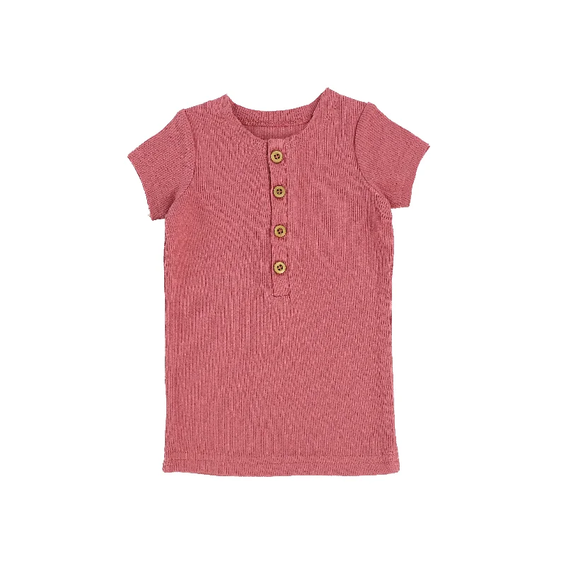 Lil Legs Short Sleeve Ribbed Center Button T-Shirt - Watermelon Pink