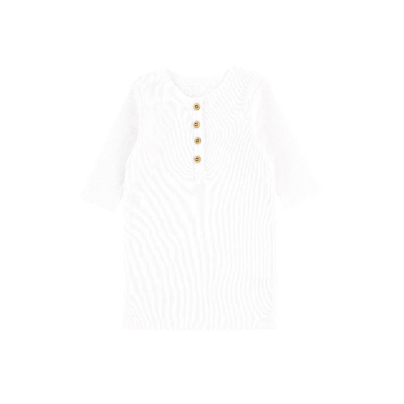 Lil Legs Three Quarter Ribbed Center Button T-Shirt - Pure White