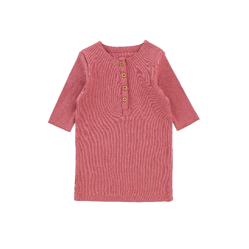 Lil Legs Three Quarter Ribbed Center Button T-Shirt - Watermelon Pink