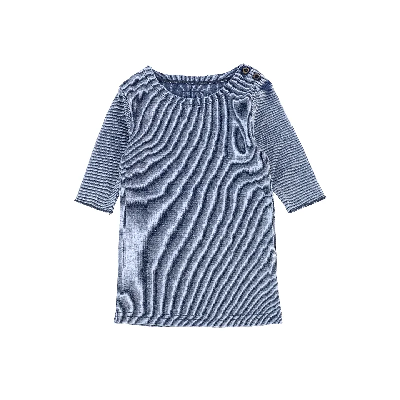 Lil Legs Three Quarter Sleeve Ribbed Side Buttons T-Shirt - Blue Wash