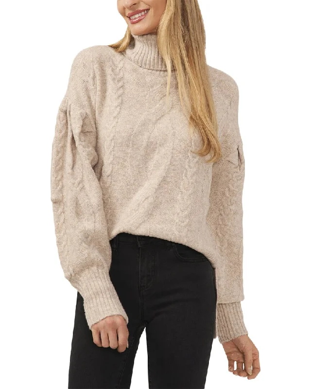 Cece Pompom Mixed Cable Turtleneck Wool-Blend Sweater