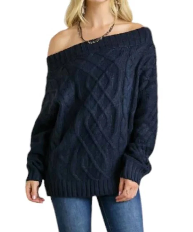 Lizzie Cable Knit Bardot Sweater In Navy