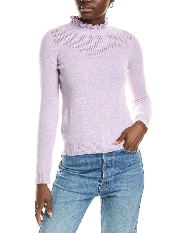 sofiacashmere Ruffle Mock Neck Mesh Stitch Cashmere Sweater